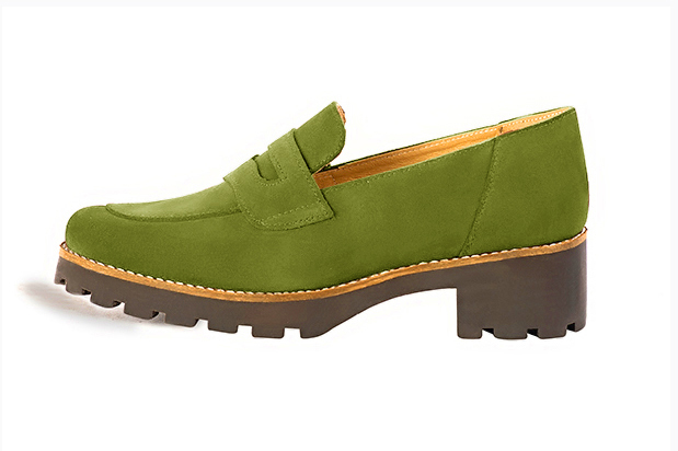 Women's pistachio green elegant loafers with thick soles. Round toe. Thick rubber soles - Profile view